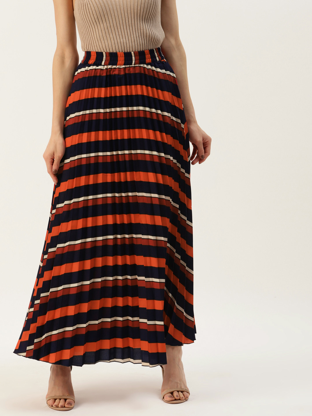 U&F Women Navy Blue & Rust-Orange Striped Maxi Skirt
