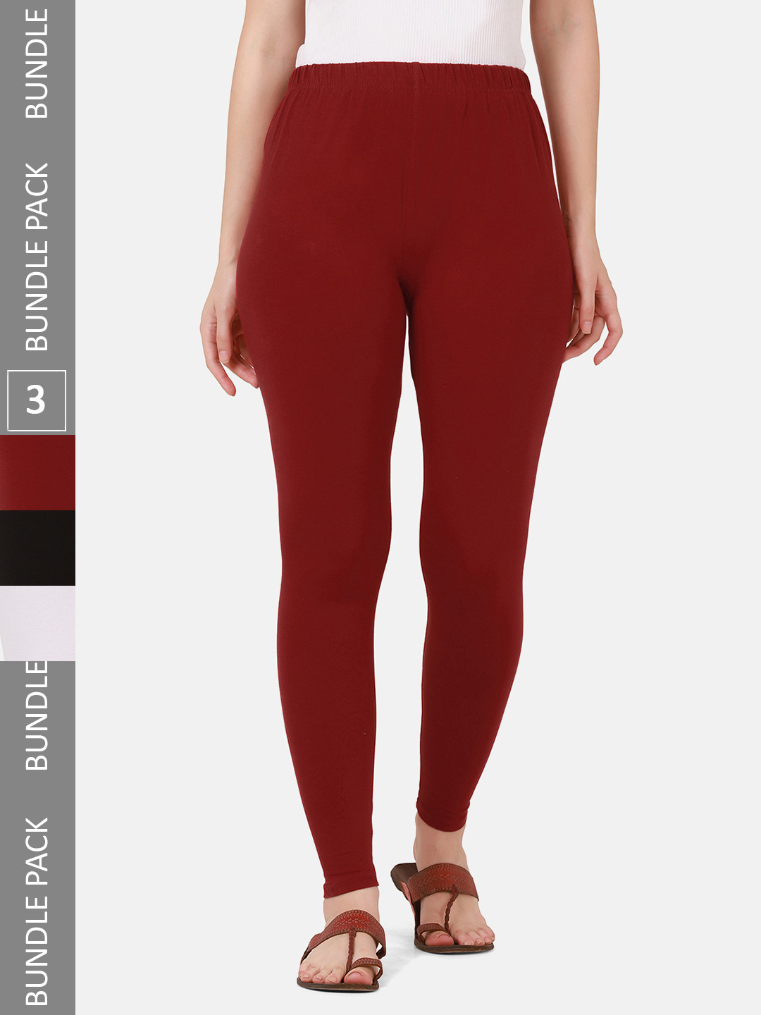 BUY NEW TREND Women Pack Of 3 White Maroon & Black Solid Ankle-Length Cotton Leggings