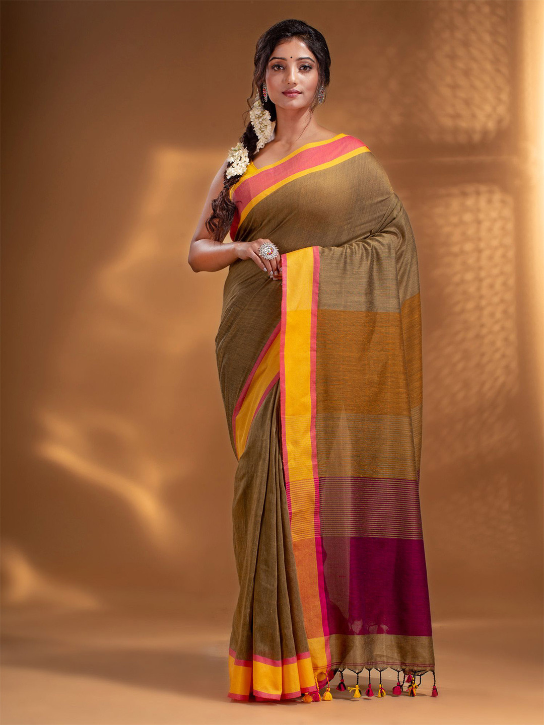 Arhi Mustard & Maroon Woven Design Pure Cotton Saree