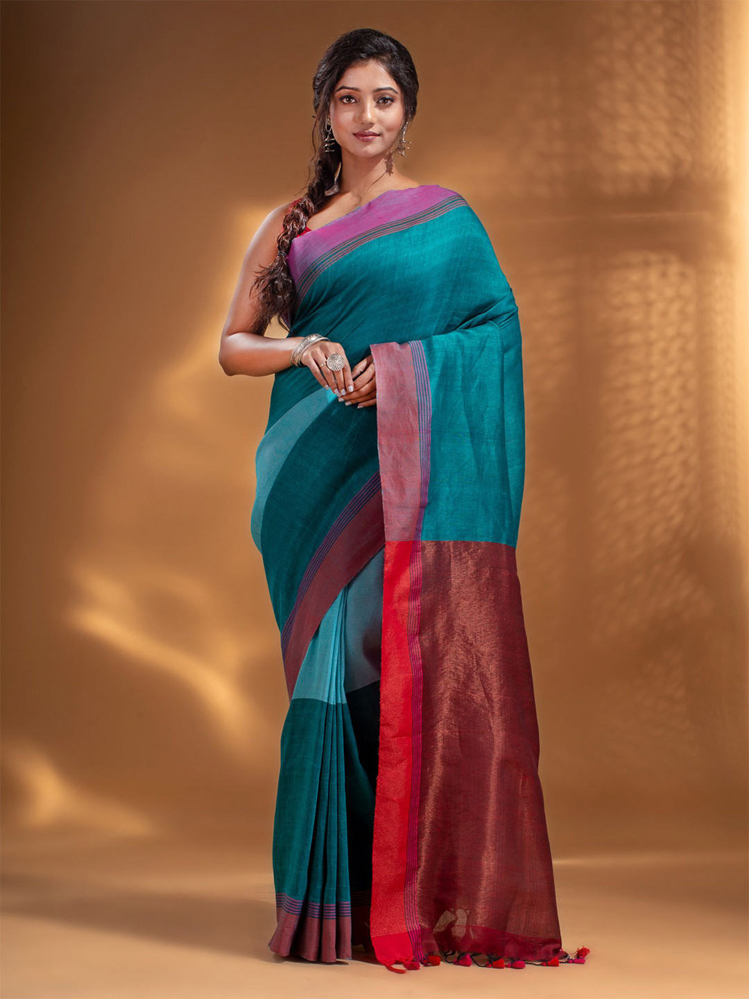 Arhi Teal & Red Woven Design Pure Cotton Saree