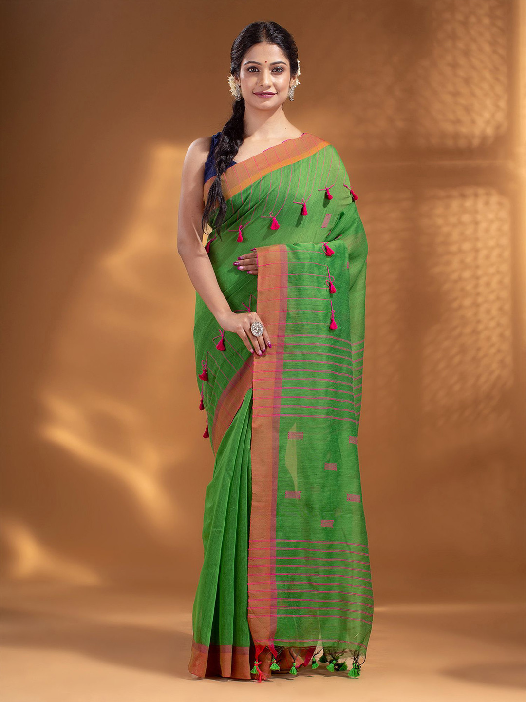Arhi Green & Orange Tasseled Woven Design Cotton Blend Saree
