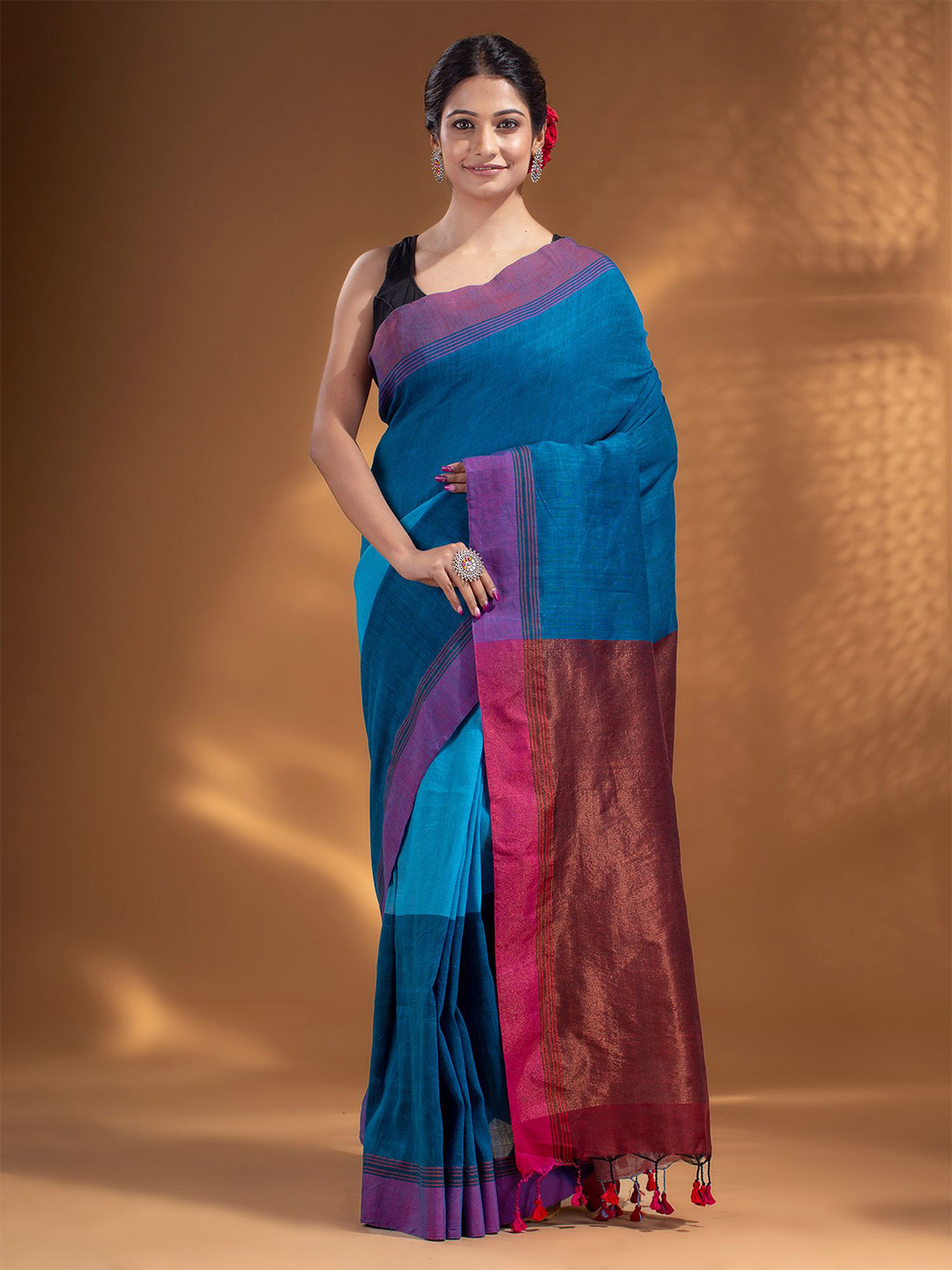 Arhi Blue & Copper-Toned Woven Design Zari Pure Cotton Fusion Saree