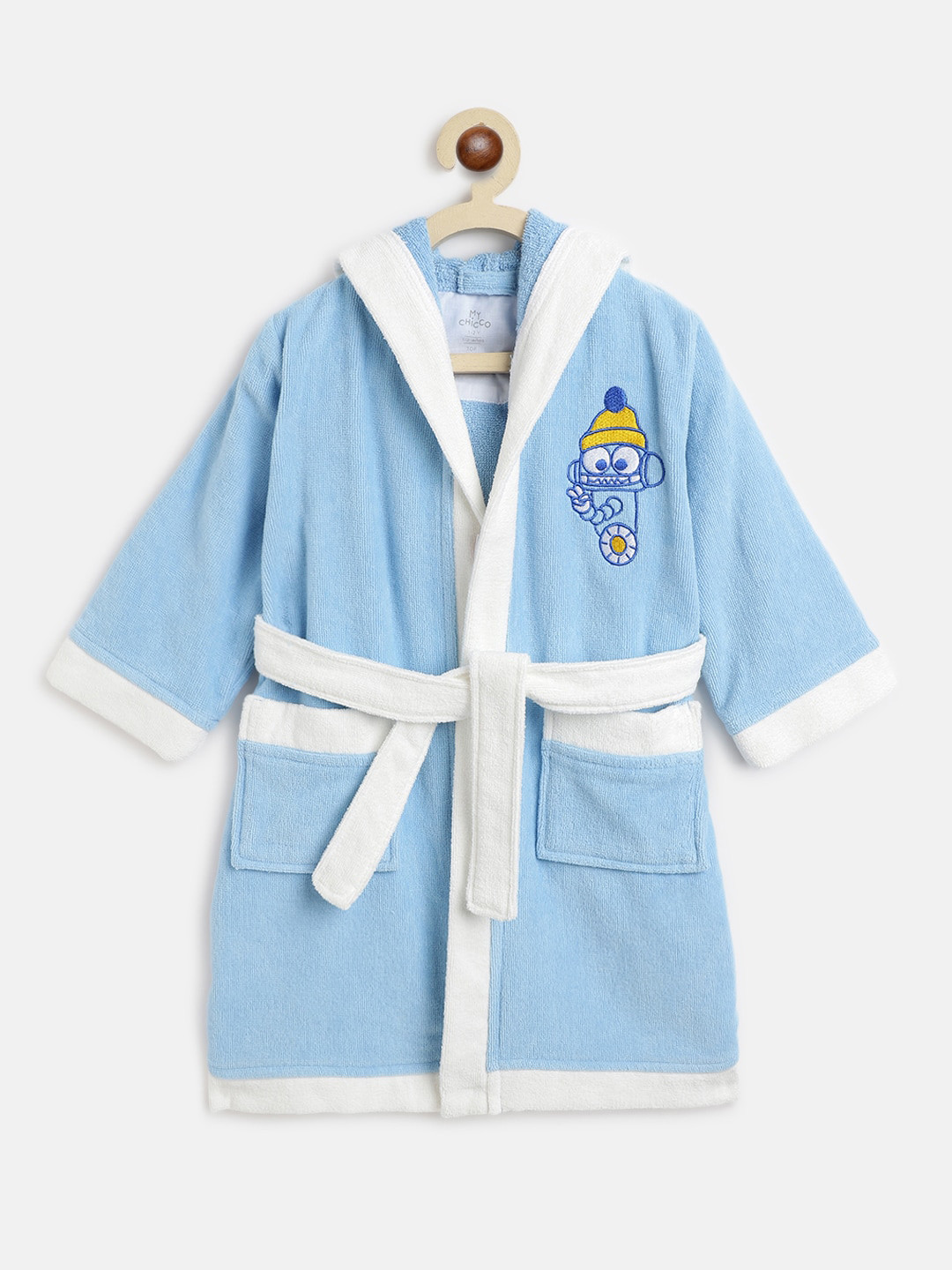 Chicco Blue Conversational Cotton Drawstring Knee Length Bath Robe-M