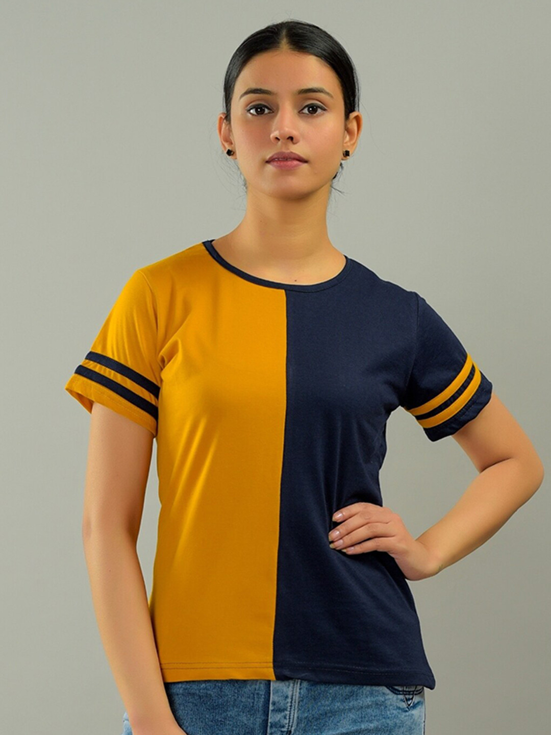 BASE 41 Women Mustard Yellow Colourblocked Regular Fit T-shirt