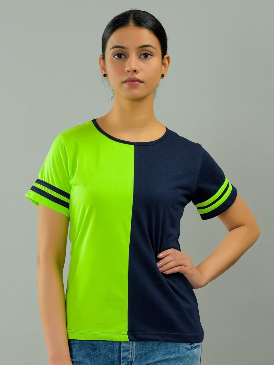 BASE 41 Women Fluorescent Green & Navy Blue Regular Fit T-shirt