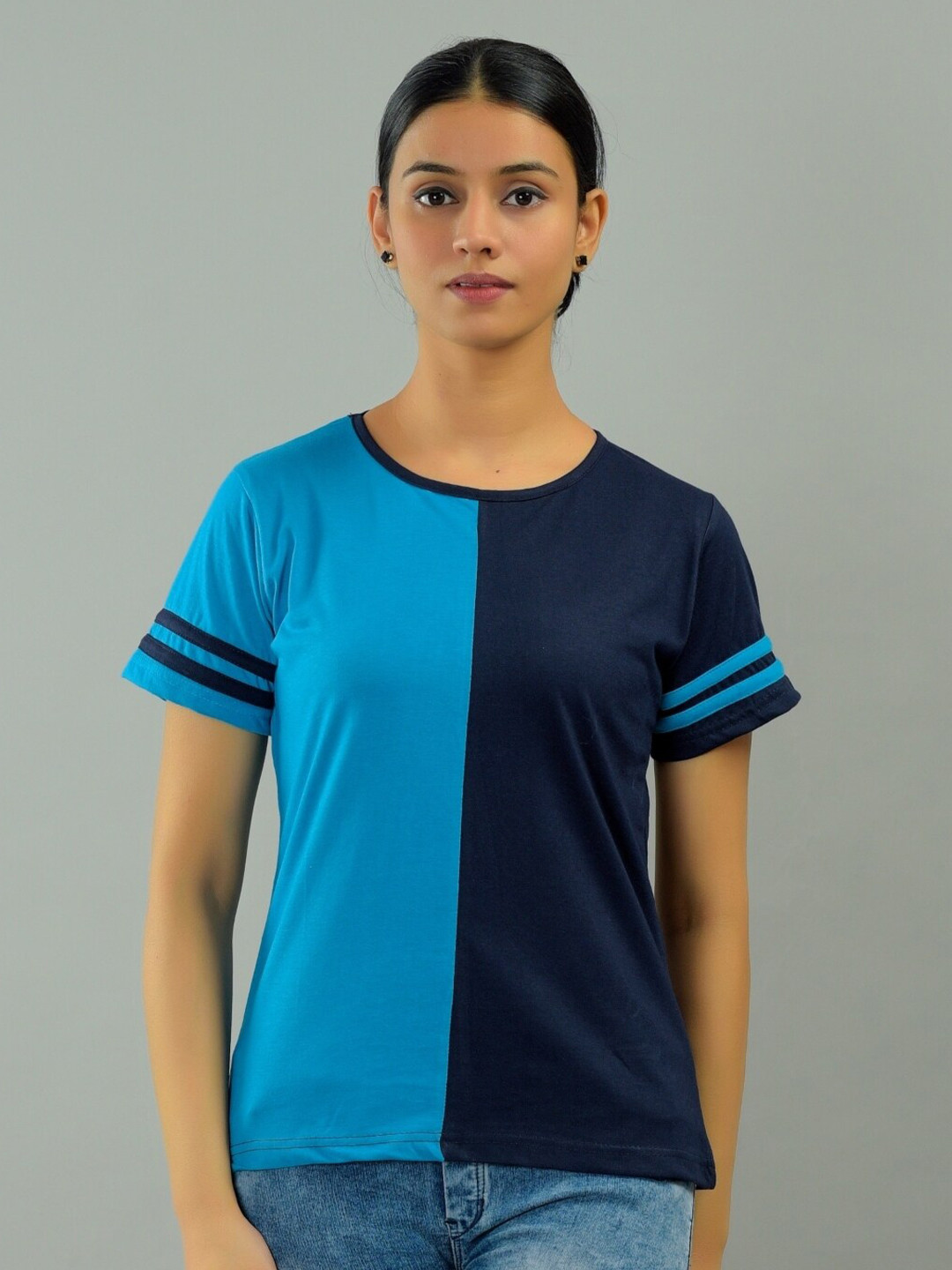 BASE 41 Women Blue Colourblocked Regular Fit T-shirt