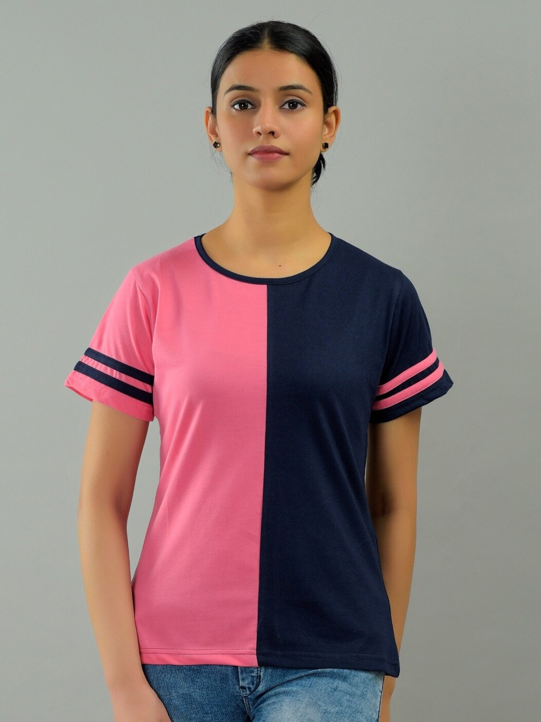 BASE 41 Women Pink Colourblocked Regular Fit T-shirt