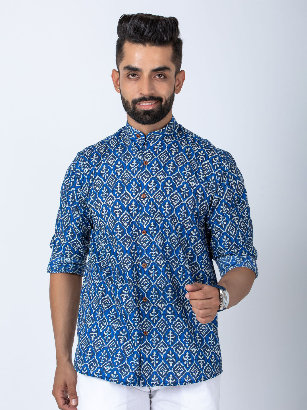 Firangi Yarn Blue Regular Fit Printed Cotton Casual Shirt