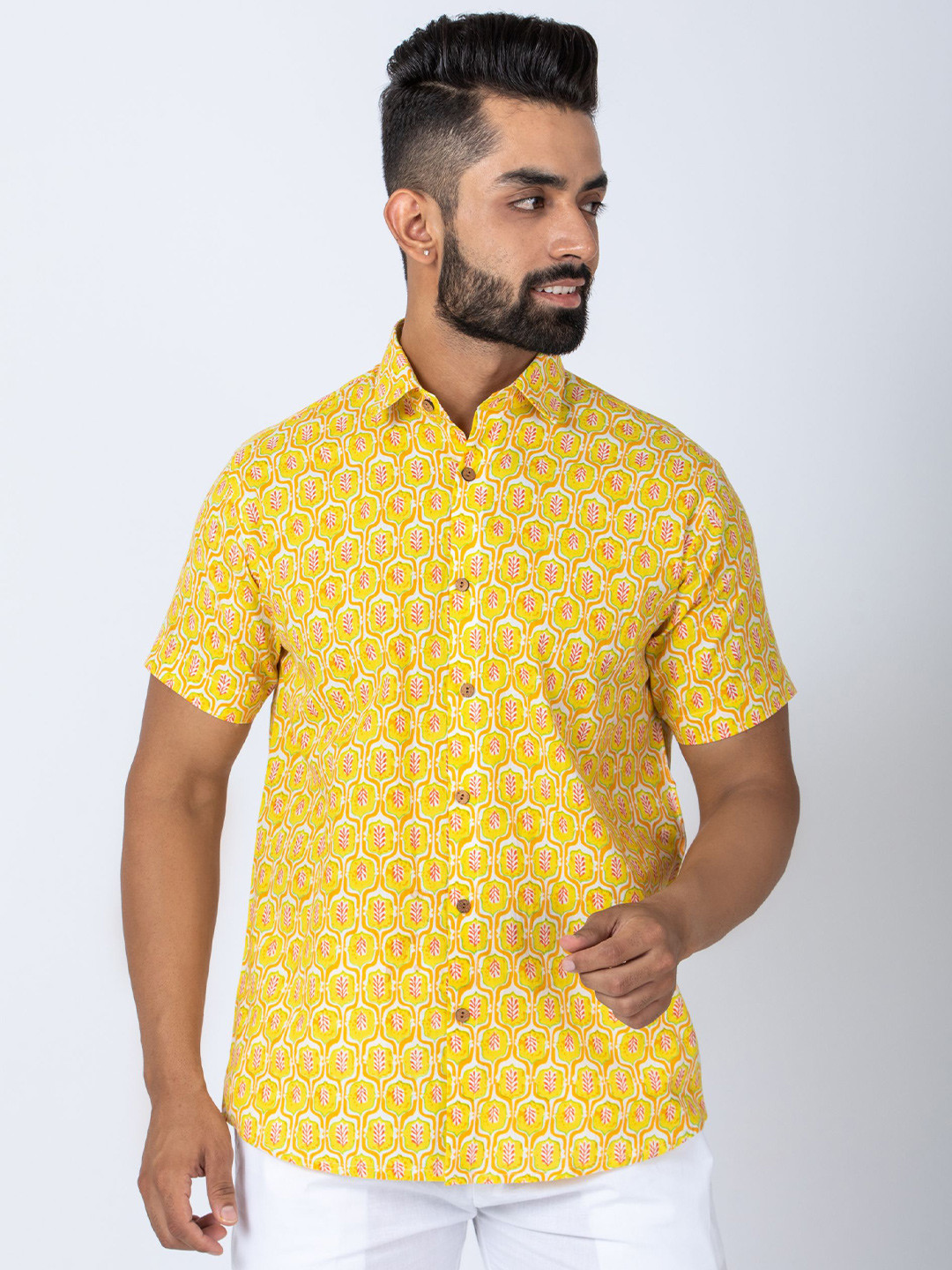 Firangi Yarn Men Yellow & White Floral  Printed Casual Shirt