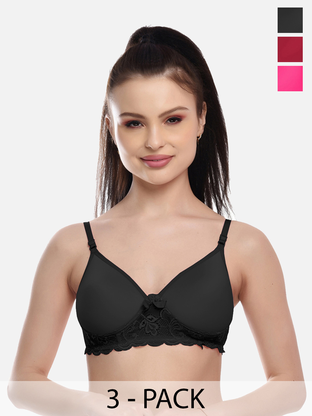 FIMS Pack of 3 Fuchsia & Black Bra Lightly Padded