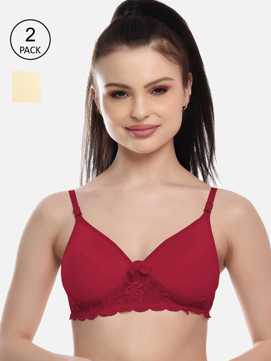 Women Maroon & Beige Cotton Lace Padded Bra Pack of 2
