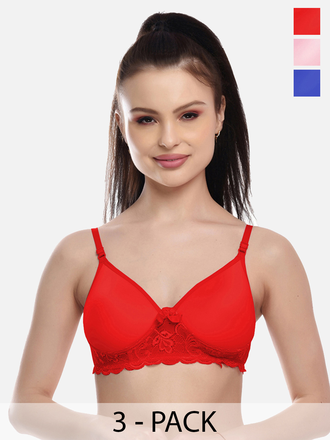 FIMS Pack Of 3 Red & Blue Lightly Padded Bra