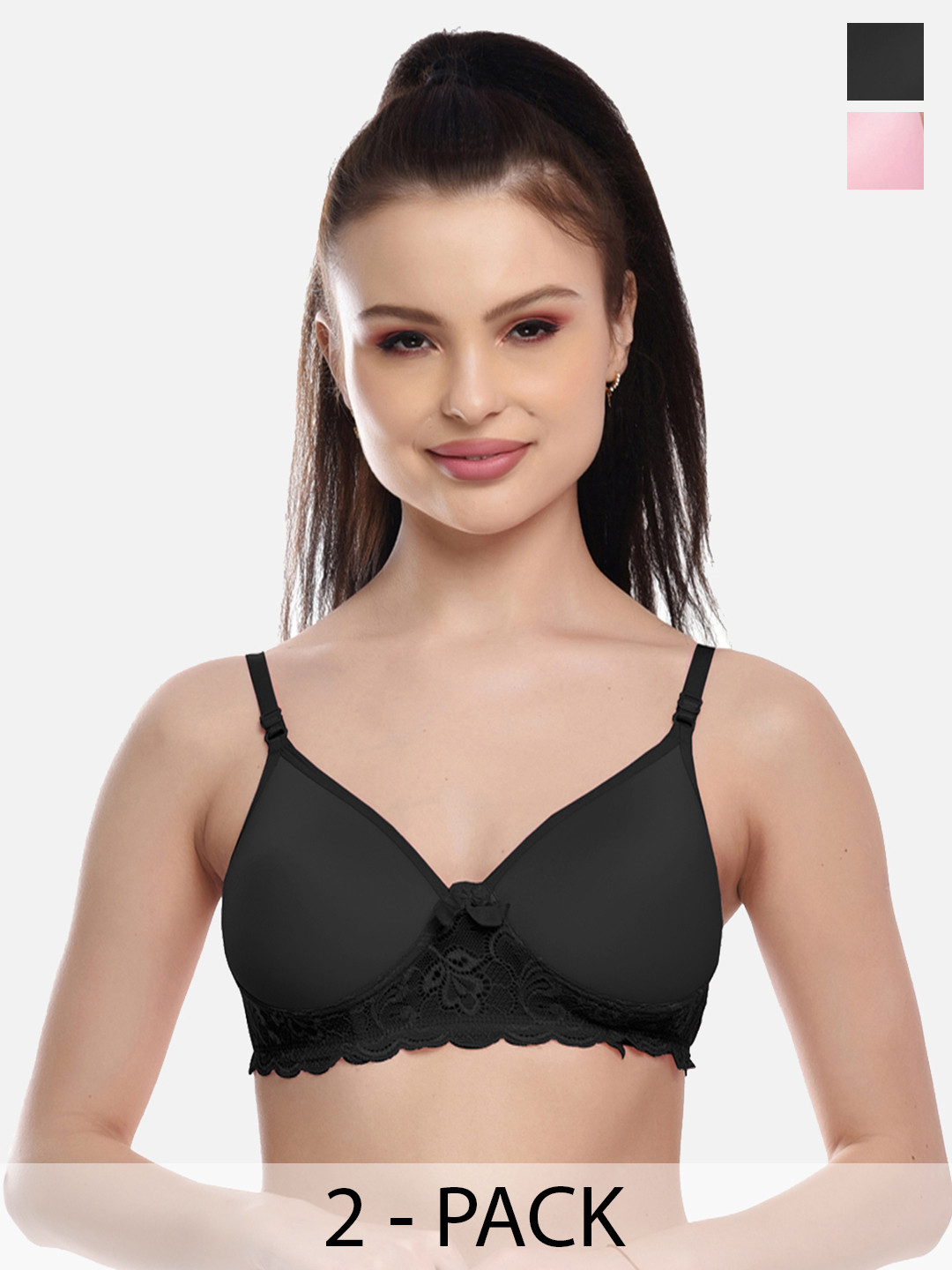FIMS Pack of 2  Pink & Black Cotton Lace Padded Bra