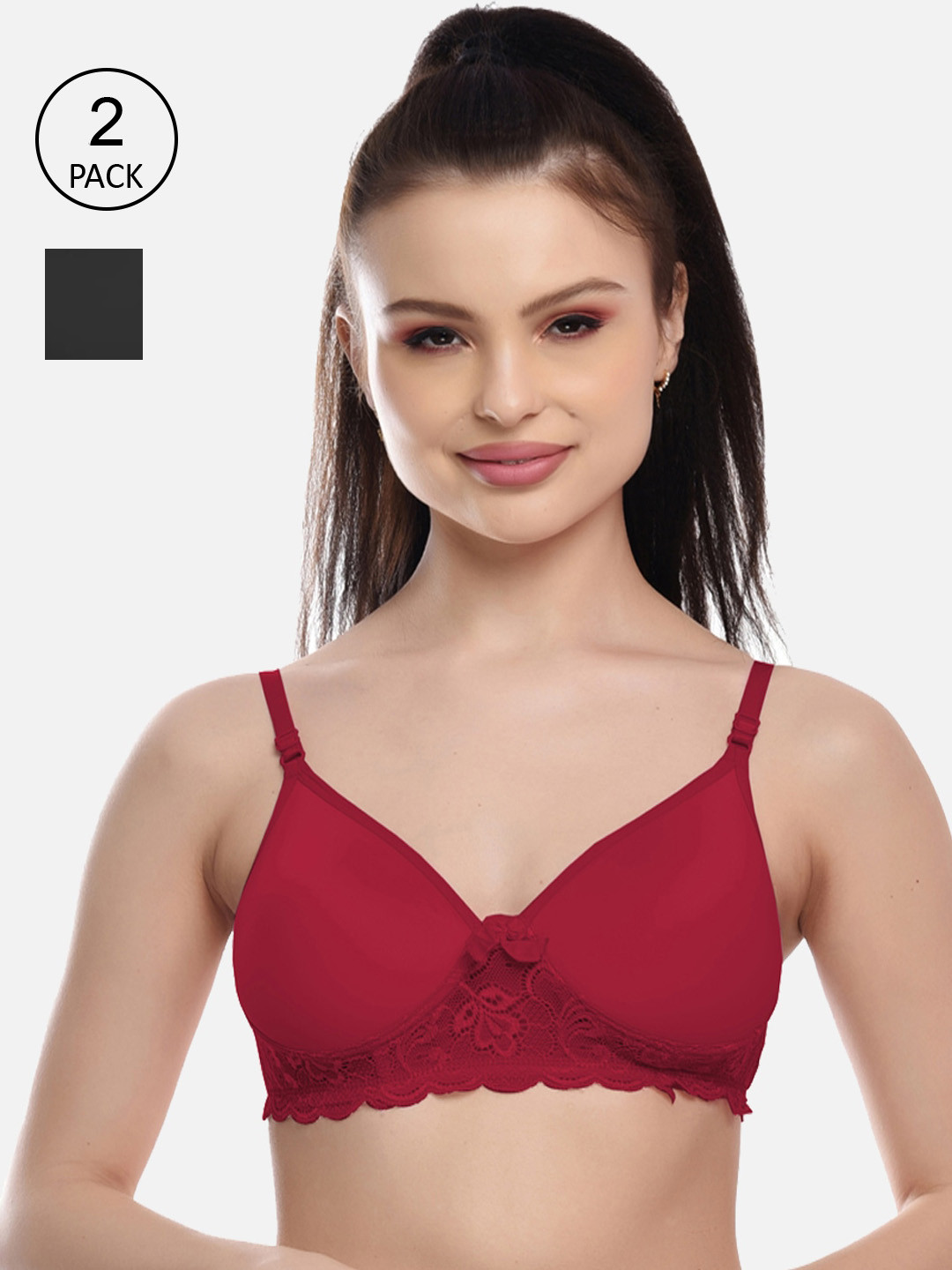 FIMS Women Pack of 2 Maroon & Black Cotton Lace Padded Bra