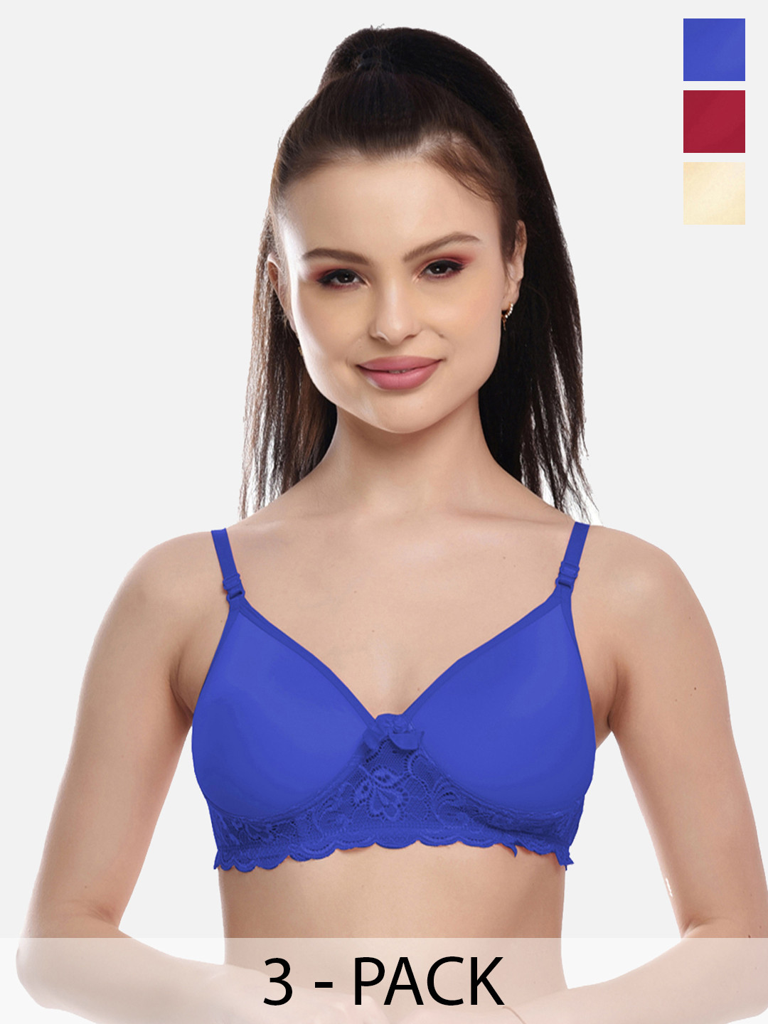 FIMS Pack of 3 Blue & Maroon Lightly Padded Lace Bra MTR_Pad_Bra_BlueMaroonBeige_B