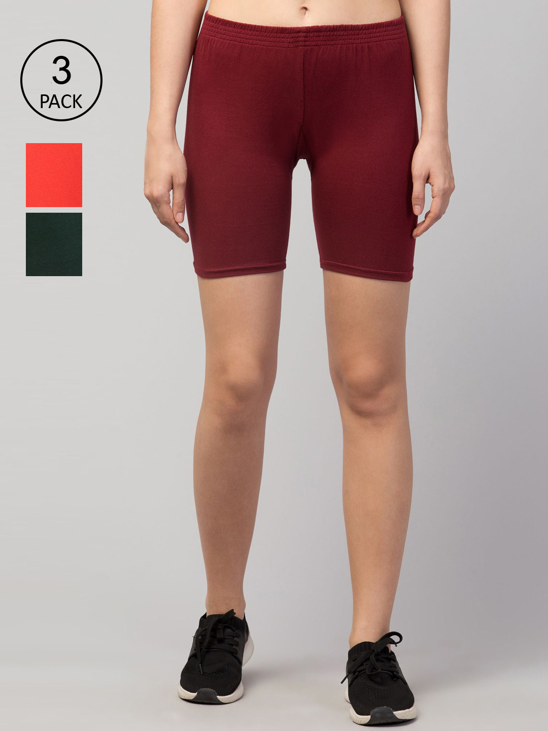 Apraa & Parma Women Pack of 3 Orange, Maroon and Green Slim Fit Cycling Sports Shorts