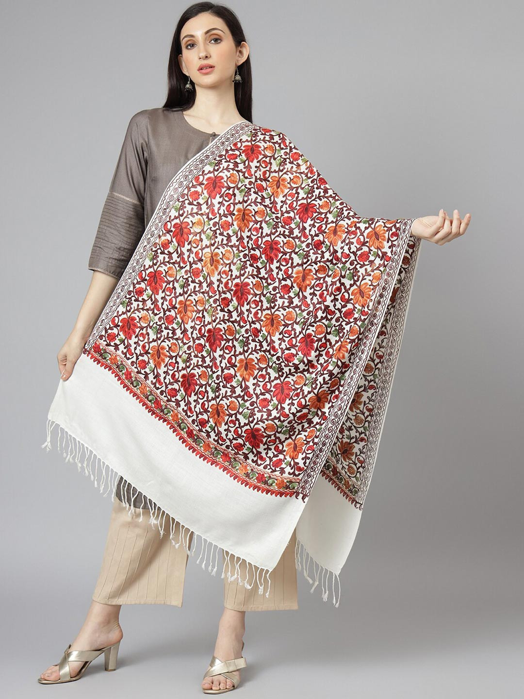 Zamour Women White & Red Embroidered Stole