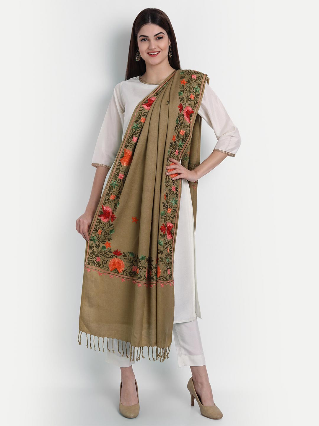 Zamour Women Brown & Green Embroidered Stole