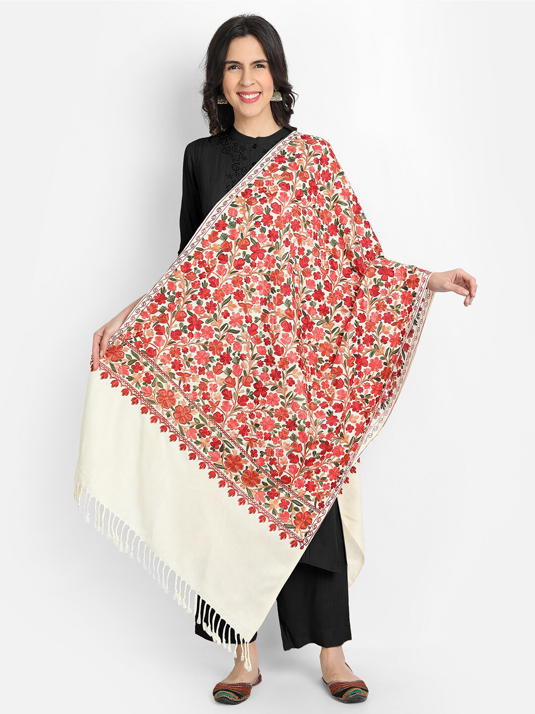 Zamour Women White & Red Embroidered Woolen Stole