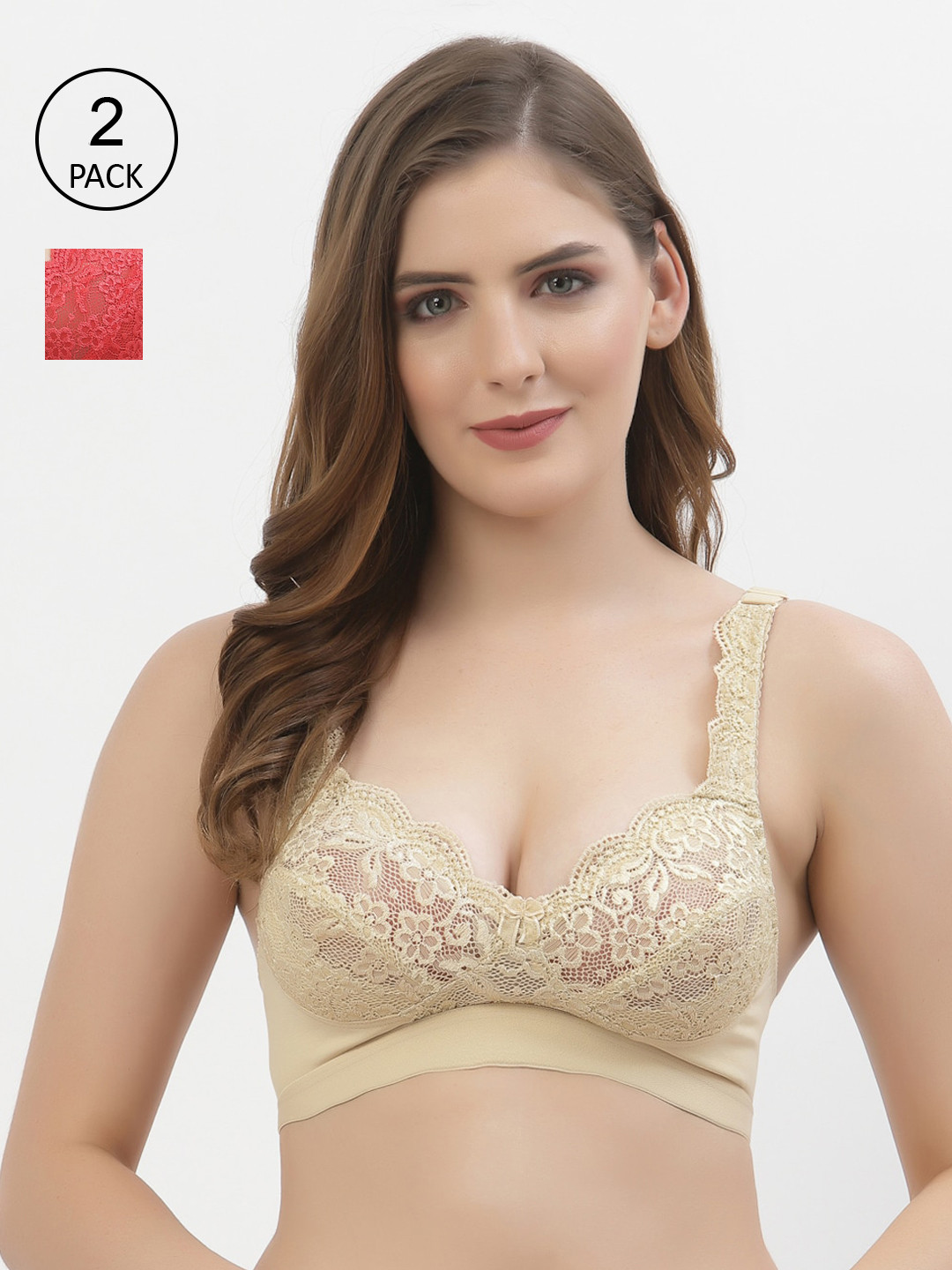 Floret Pack Of 2 Beige & Rose Floral Bra T3071_Skin-Tomato_30B-Skin-Tomato