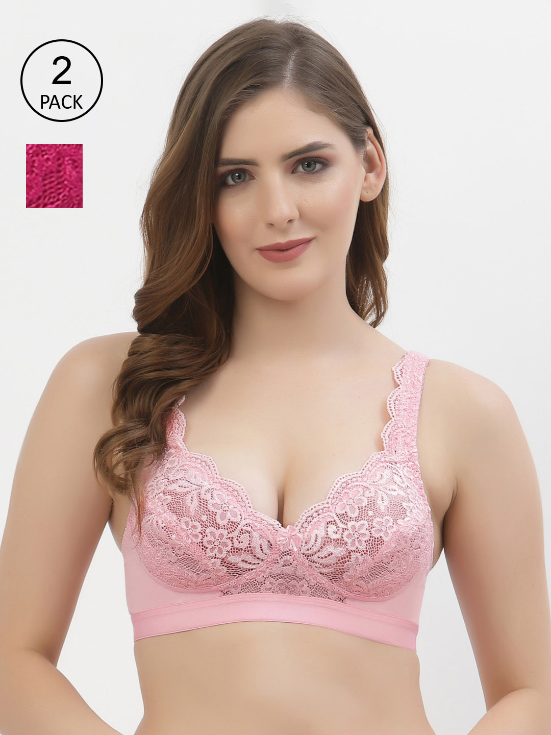 Floret Pack of 2 Pink & Magenta Floral Medium Coverage Lace Bra T3071_Pink-Magenta_30B