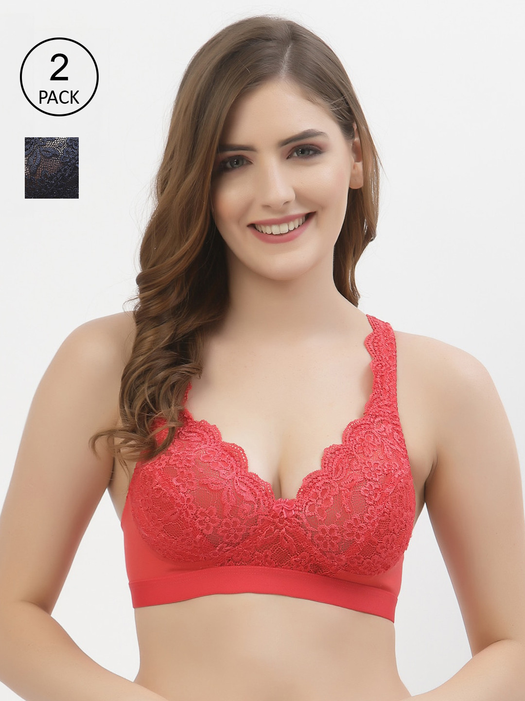 Floret Pack of 2 Non-Padded Non-Wired Lace Bra with Cotton Lining & Full Coverage Support