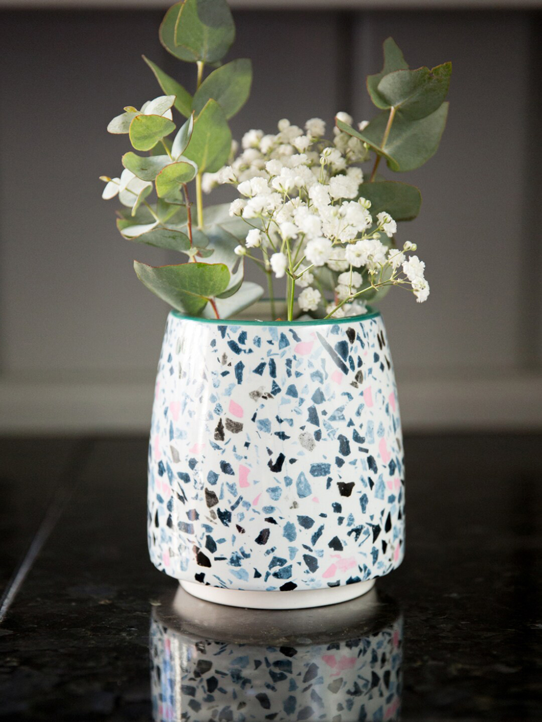 KitchenCraft White & Blue Printed Ceramic Terrazzo Planter