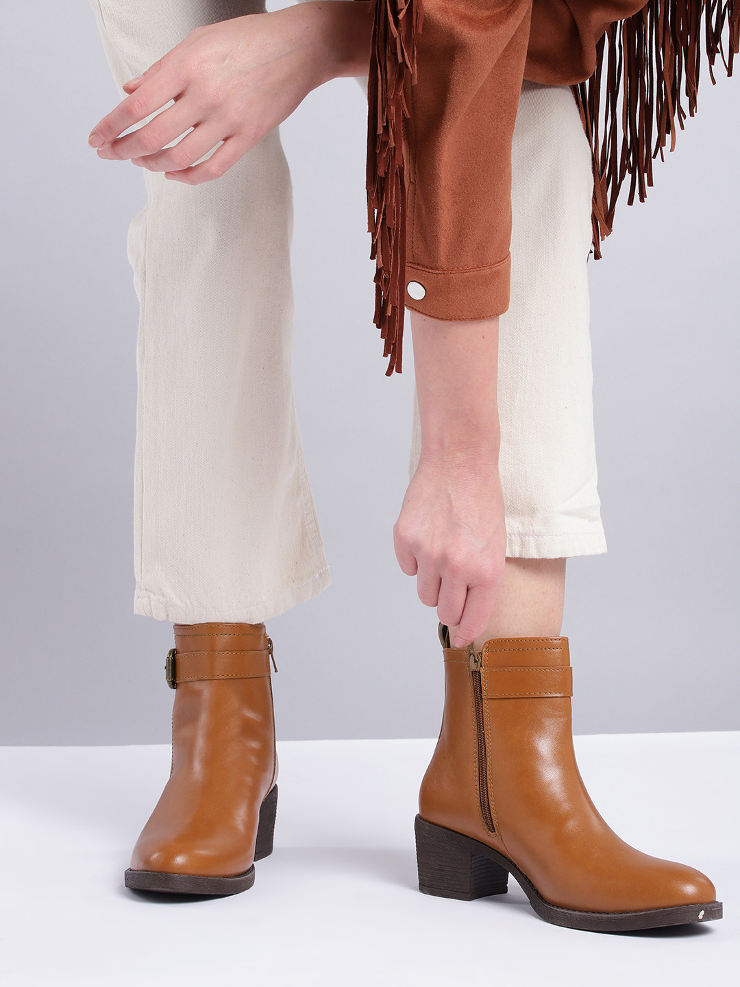 Roadster Women Brown Solid Mid-Top Block Heels Boots with Buckles