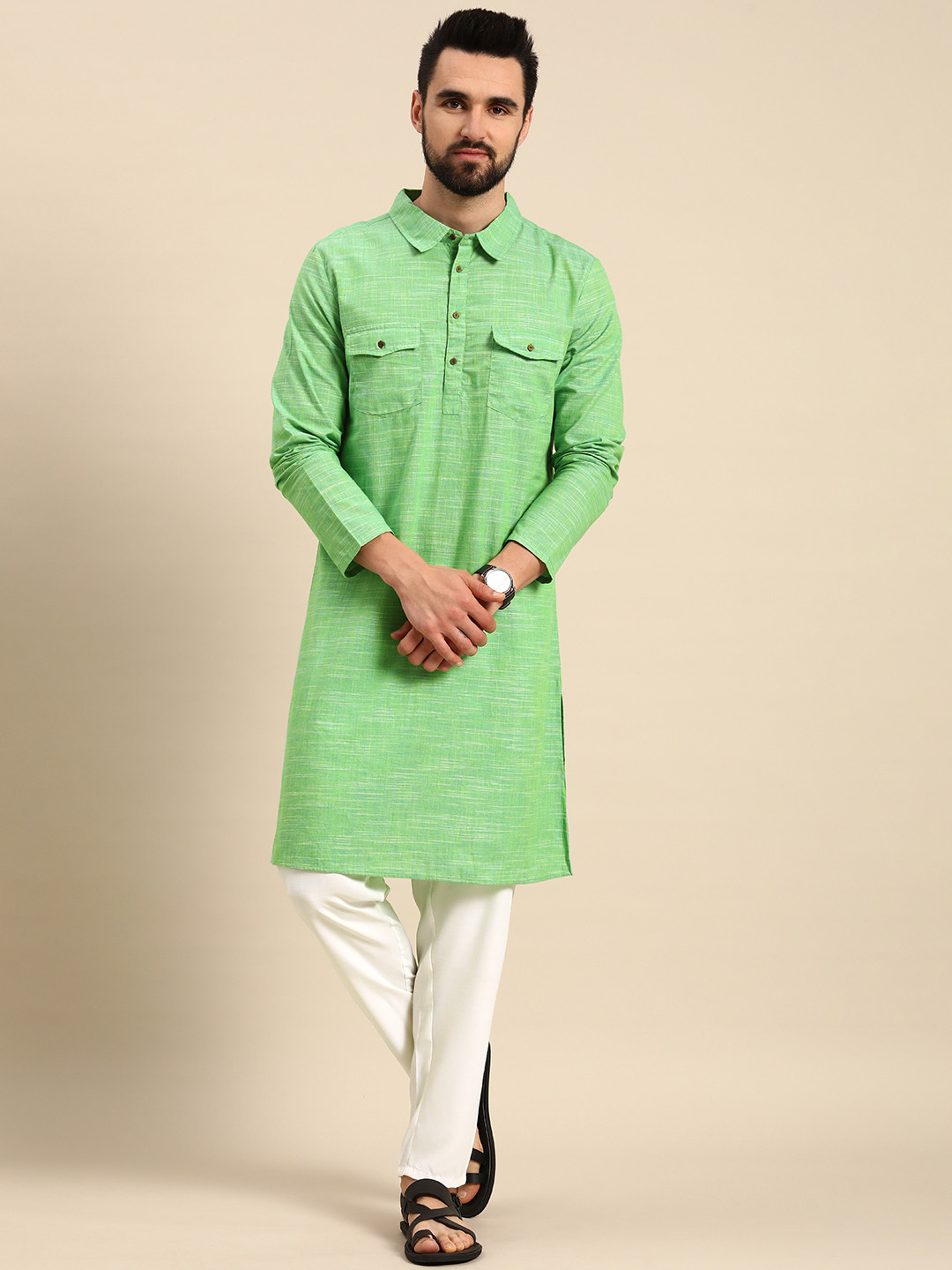 Anouk Men Light Green Self Design Checked Pure Cotton Kurta with Trousers