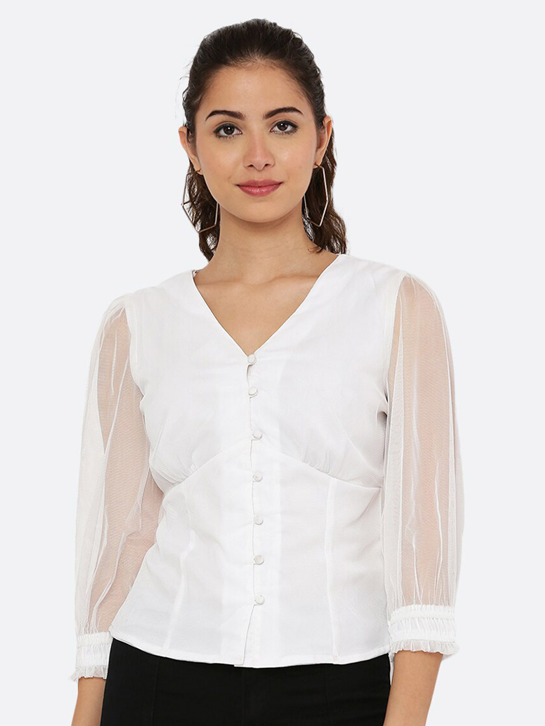 RAASSIO Women White Top with net sleeves