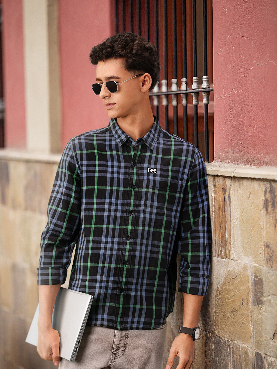 Lee Men Black Tartan Checked Cotton Casual Shirt