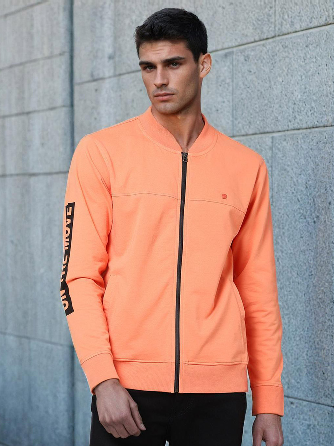 Lee Men Orange Detachable Hood Cotton Sweatshirt
