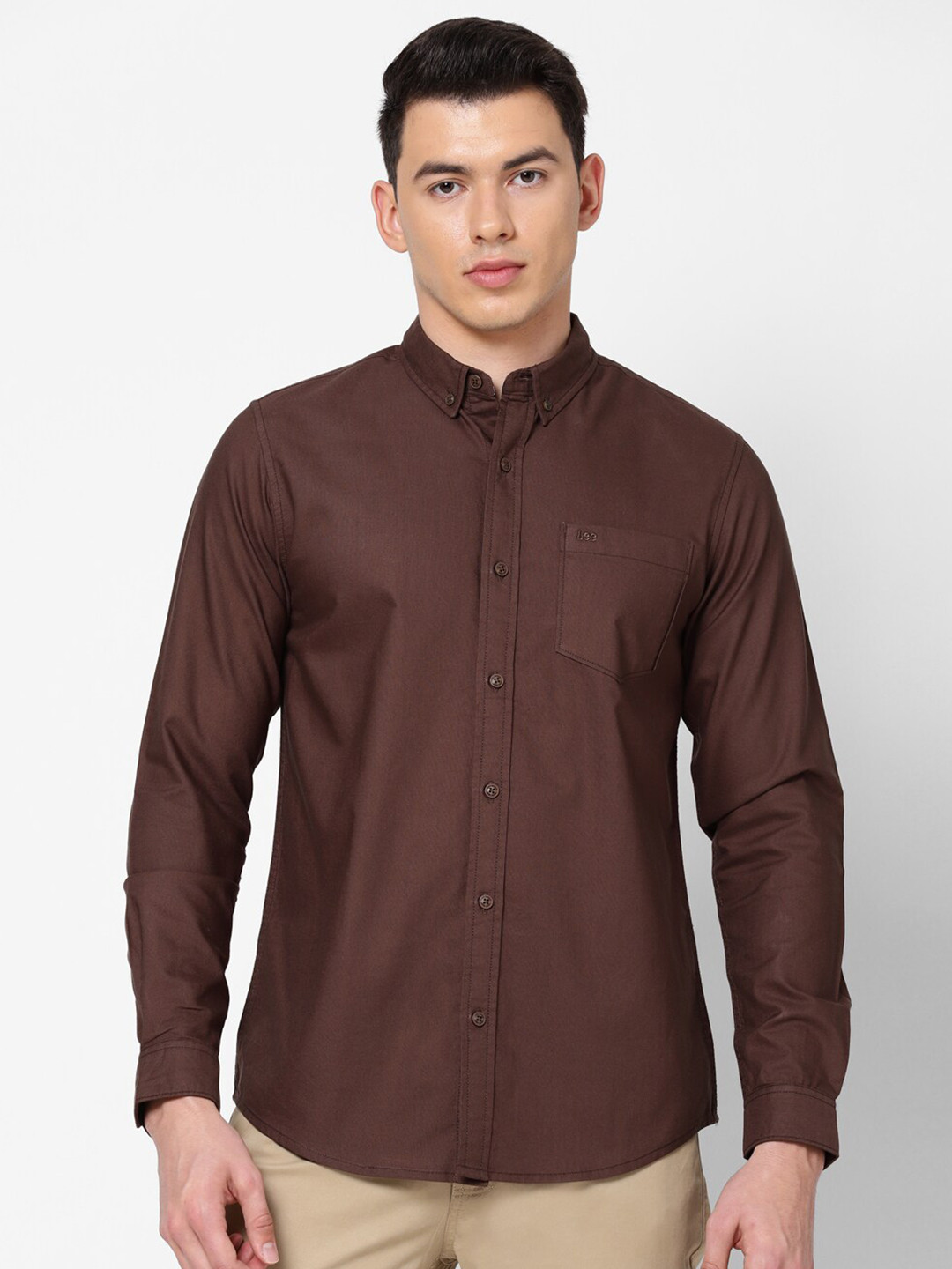 Lee Men Brown Slim Fit Cotton Casual Shirt