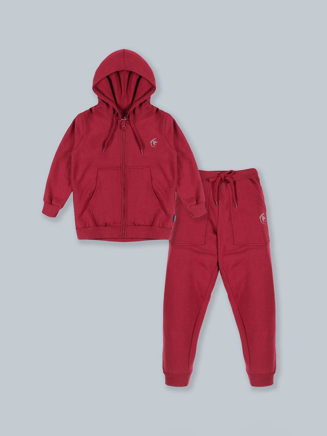 KiddoPanti Kids Maroon Solid Front Open Hooded Sweatshirt & Track Pant Set
