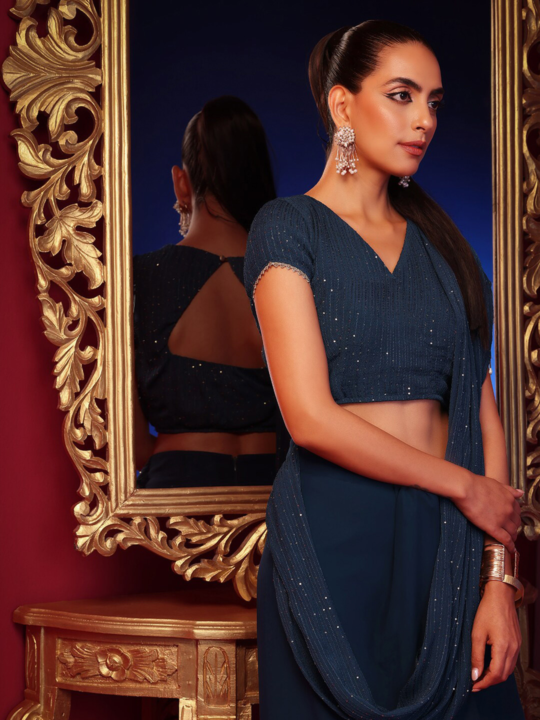 Rang by Indya X ASHISH SONI Women Navy Blue Sequin Embroidered Crop Top