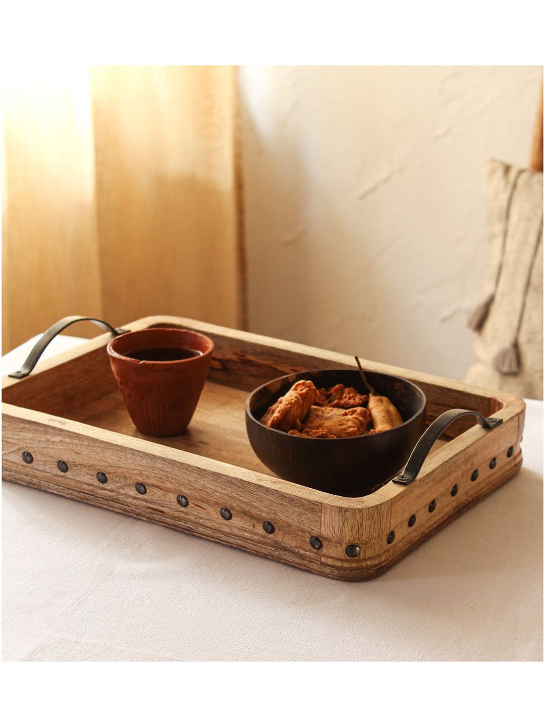 House This Beige Solid Wooden Tray