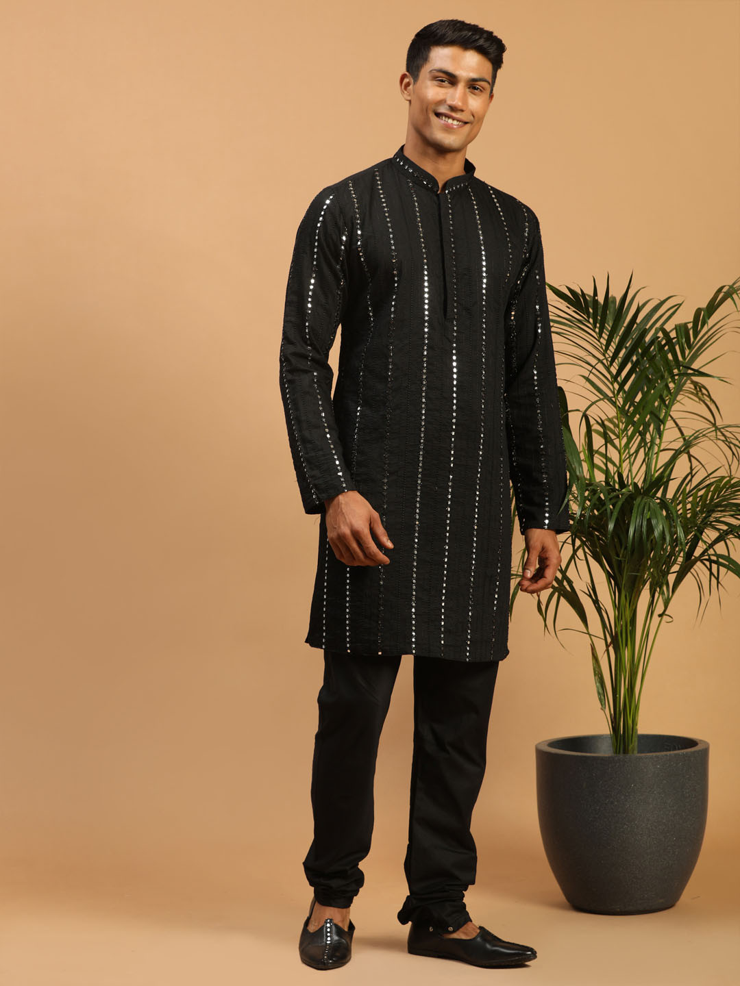 VASTRAMAY Men Black Embroidered Mirror Work Kurta with Churidar