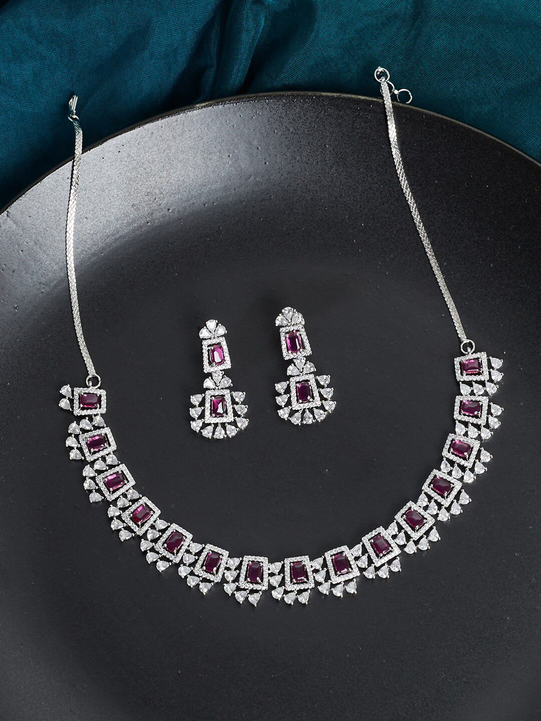 Voylla Men Rhodium-Plated & Pink CZ Studded Jewellery Set