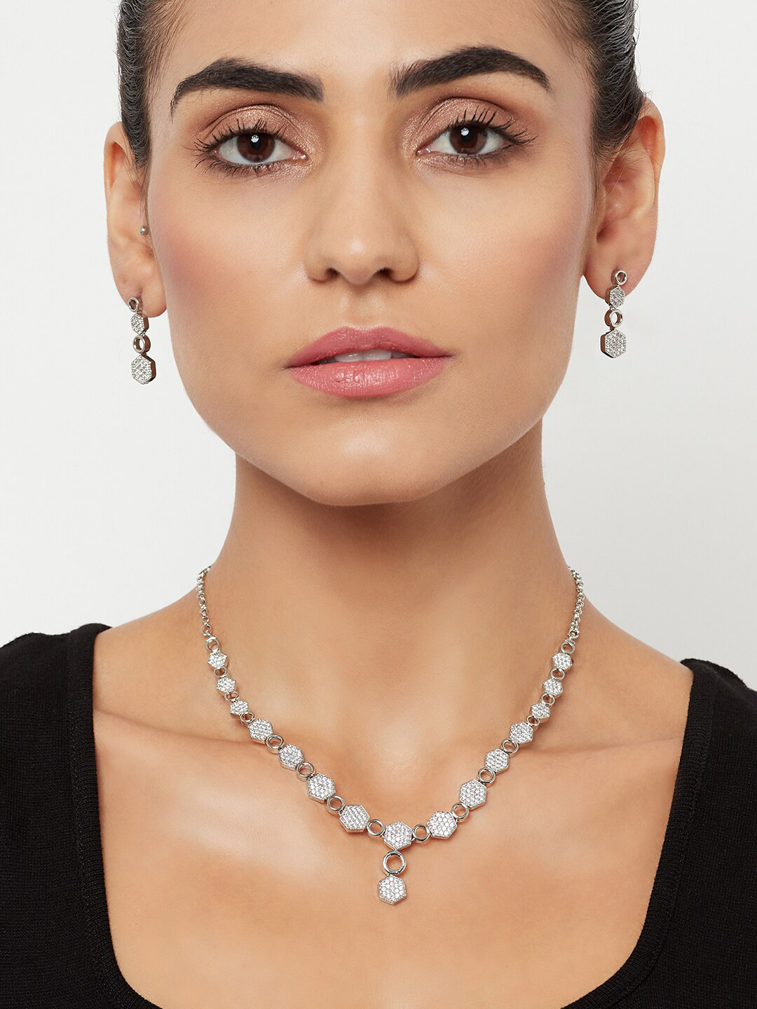 Voylla Rhodium-Plated CZ Studded Geometric Jewellery Set