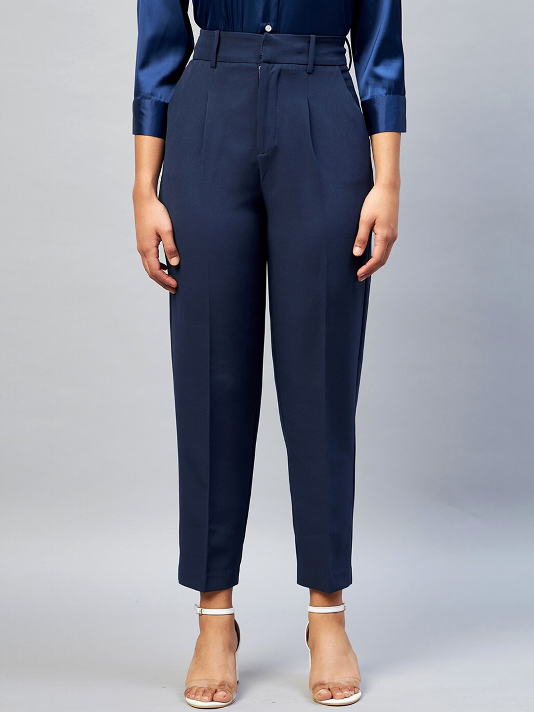 DELAN Women Navy Blue Relaxed Slim Fit High-Rise Easy Wash Trousers