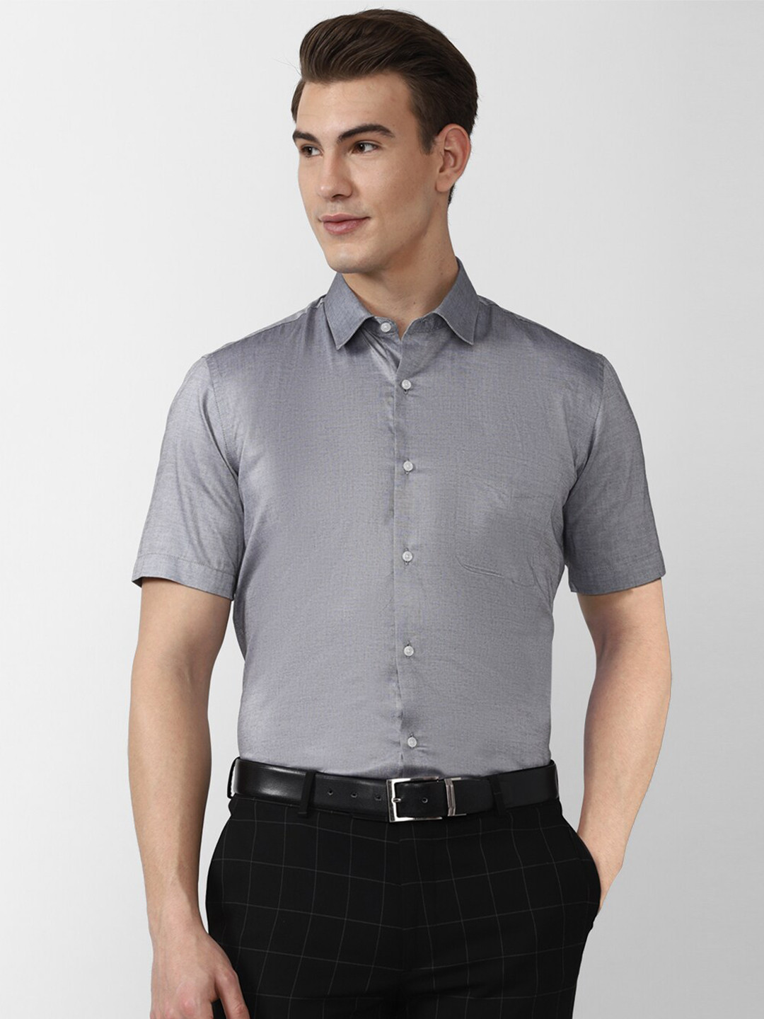 Peter England Men Grey Textured Formal Shirt
