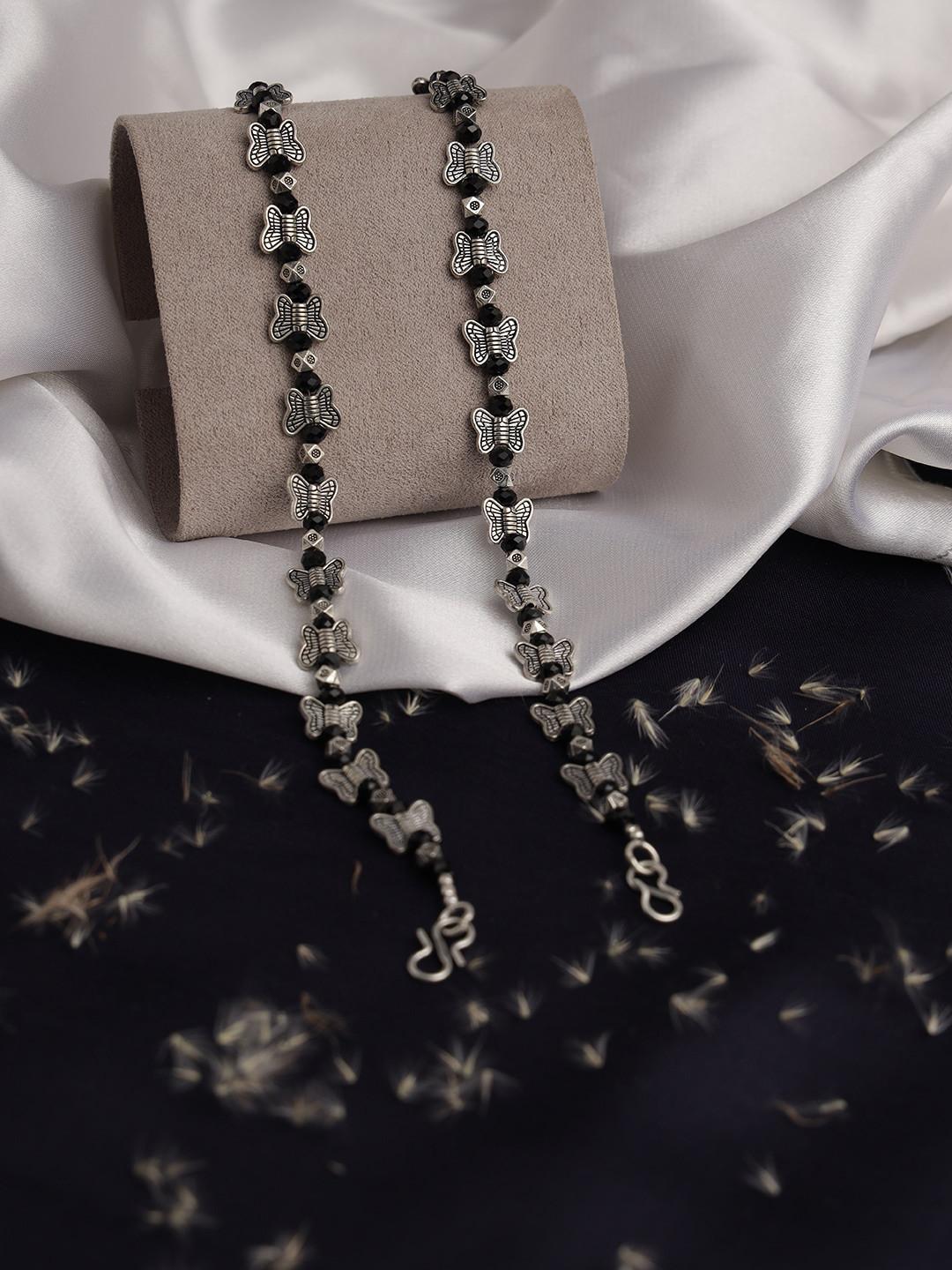 Jazz and Sizzle Set Of 2 Silver-Toned & Black Beads Beaded Anklet