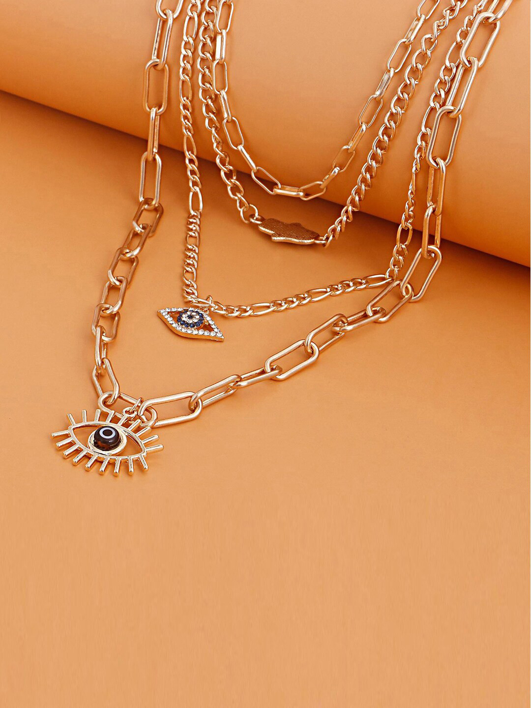 Jewels Galaxy Gold-Toned & Blue Gold-Plated Evil Eye and Buddha Hand Layered Necklace