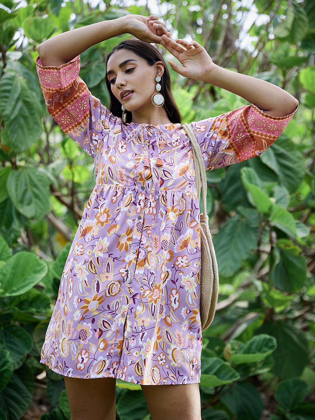 Athena Lavender Floral Tie-Up Neck Crepe A-Line Dress