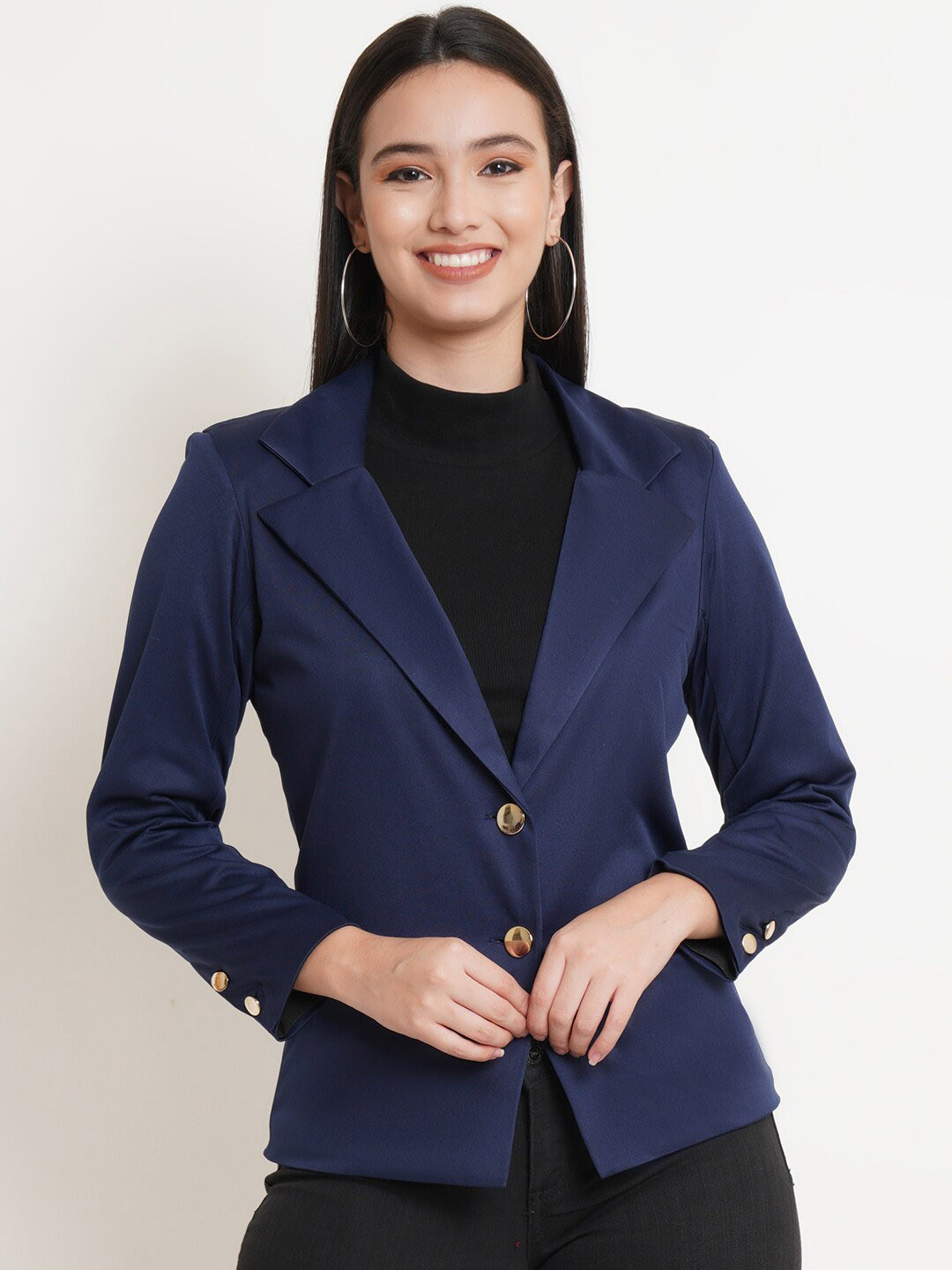 Purple State Women Blue Solid Slim Fit Single Breasted Blazers