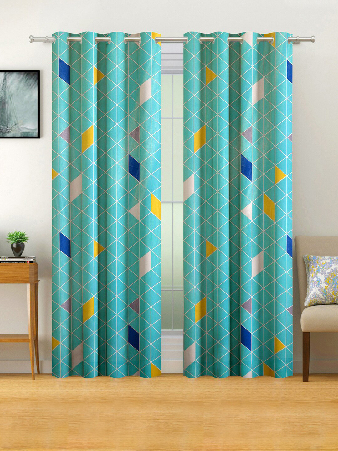 SWAYAM Blue & Yellow Set of 2 Blackout 300 GSM Geometric Printed Door Curtain