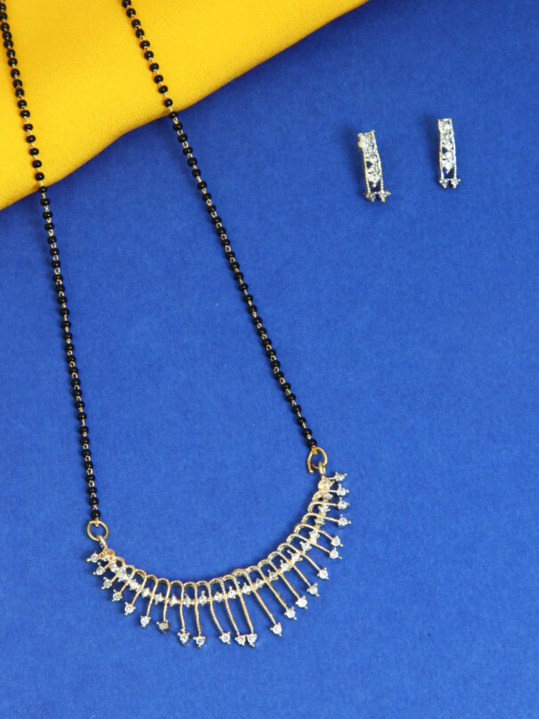 FEMMIBELLA Gold-Plated Black & White Stone-Studded & Beaded Mangalsutra With Earrings