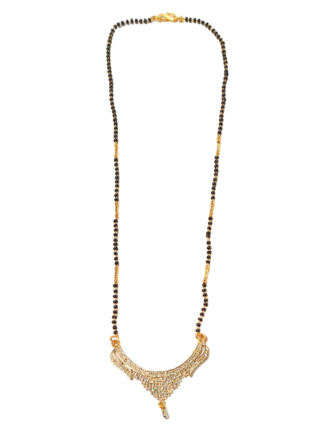 FEMMIBELLA Gold-Plated Black & White Stone-Studded & Beaded Mangalsutra With Earrings