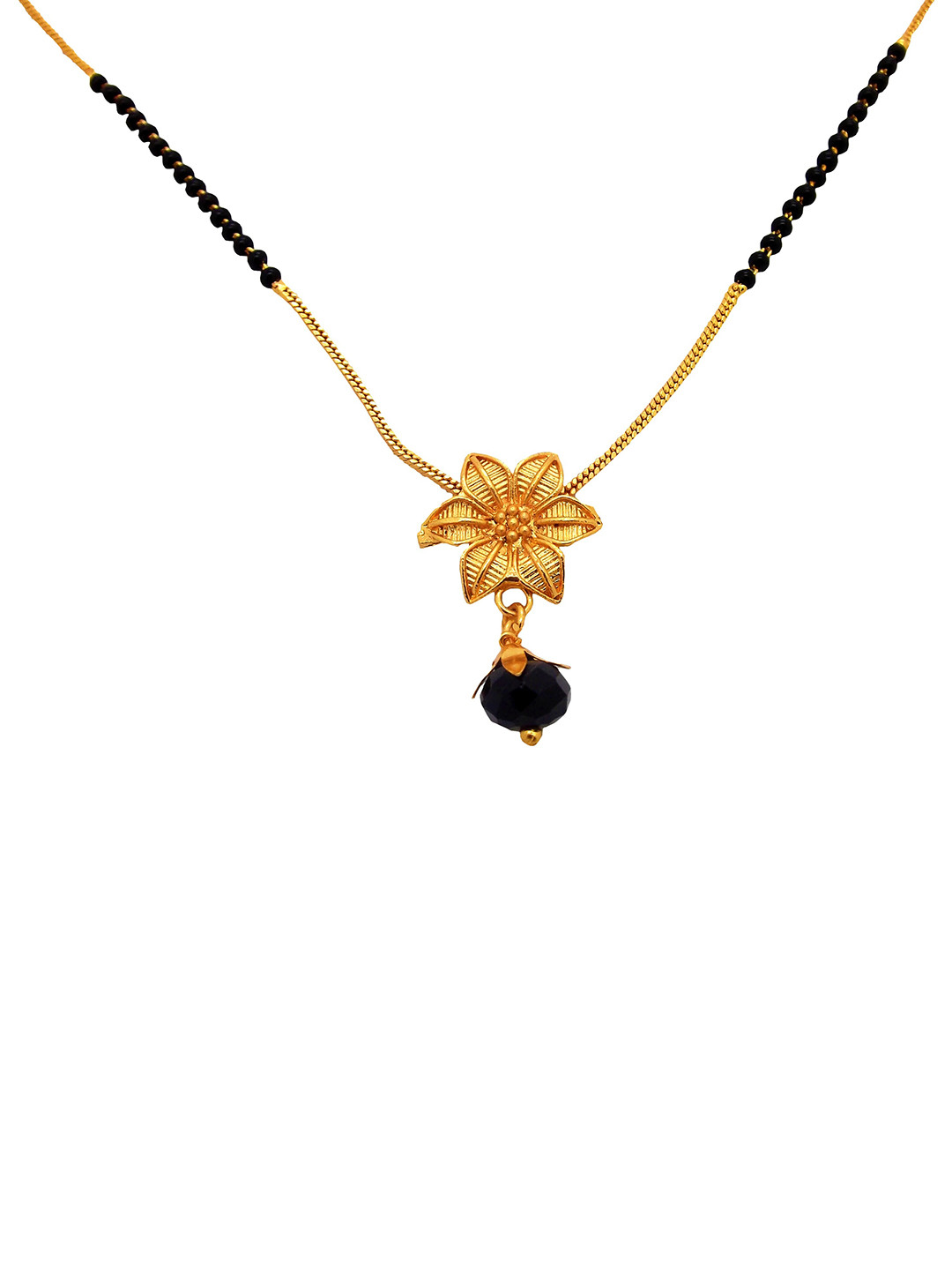 FEMMIBELLA Gold-Plated Black Crystal-Studded & Beaded Floral Mangalsutra