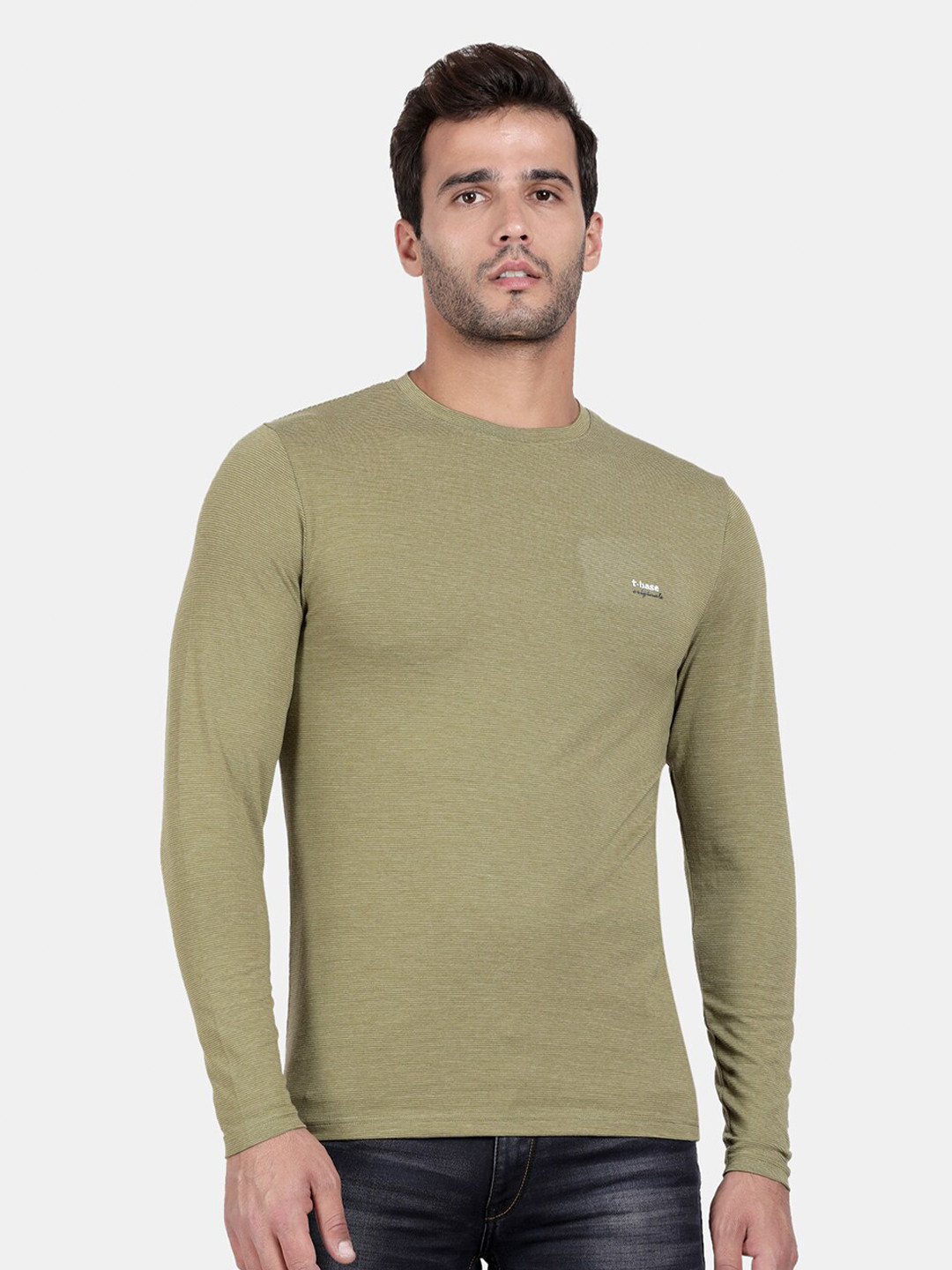 t-base Men Olive Green Solid Slim Fit Cotton T-shirt